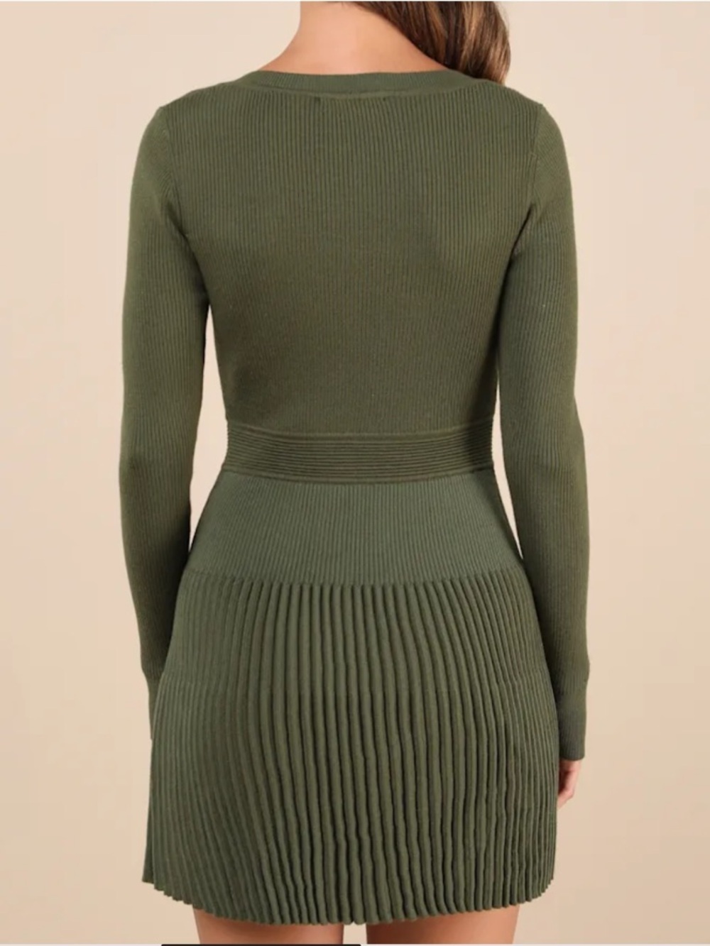 Lulu's Olive Green Ribbed Knit Long-Sleeve Fit & Flare Dress size XL - Picture 9 of 11